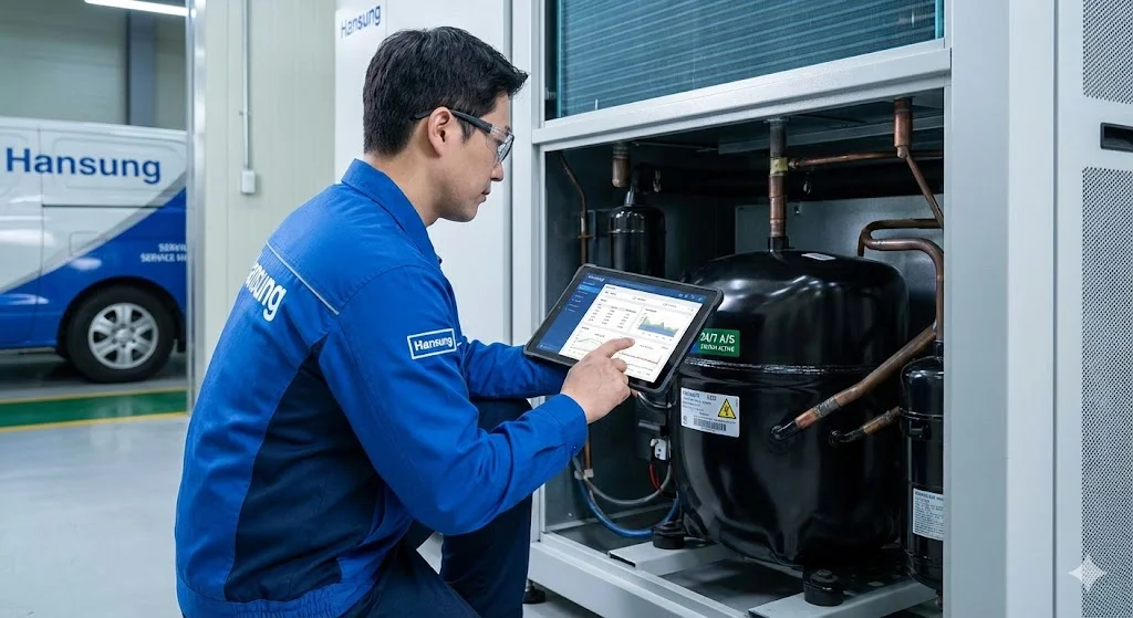 "한성쇼케이스 전문 엔지니어가 태블릿을 활용해 쇼케이스 핵심 부품인 콤프레셔를 정밀 진단하며, 24시간 신뢰할 수 있는 전국 직영 A/S 서비스를 상징하는 모습"