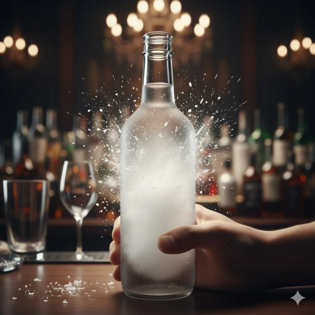 과냉각 상태의 소주병을 두드려 살얼음이 얼기 시작하는 찰나의 이미지.