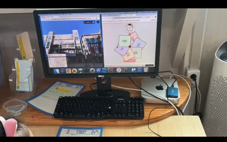 선생님이 AI로 만든 한글 학습 프로그램을 사용해 노는 유치원 아이들