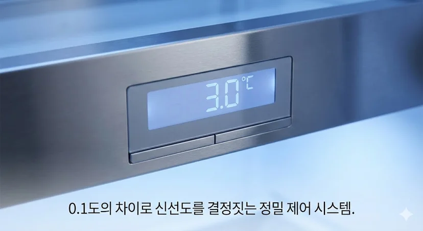 반찬냉장고의 온도를 정밀하게 조절하는 디지털 컨트롤러 상세샷.