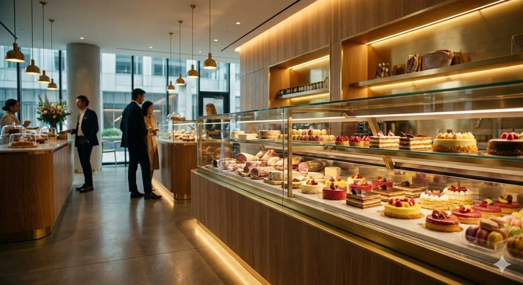 세련된 인테리어의 디저트 카페에 배치된 프리미엄 냉장쇼케이스 전경 사진.