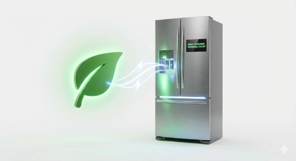 에너지 절감 효과를 시각화한 냉장쇼케이스 관련 그래픽.