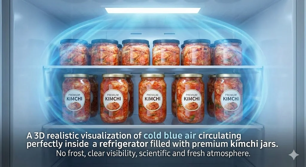 내부 냉기가 고르게 순환되는 업소용김치냉장 공기 흐름 시각화