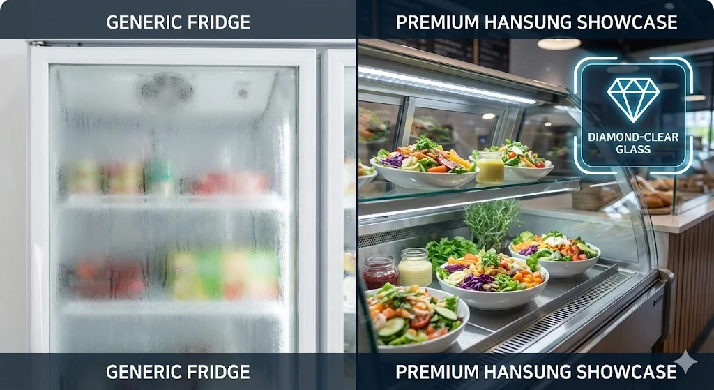 일반 쇼케이스와 결로 방지 기술이 적용된 프리미엄 유리의 비교.
