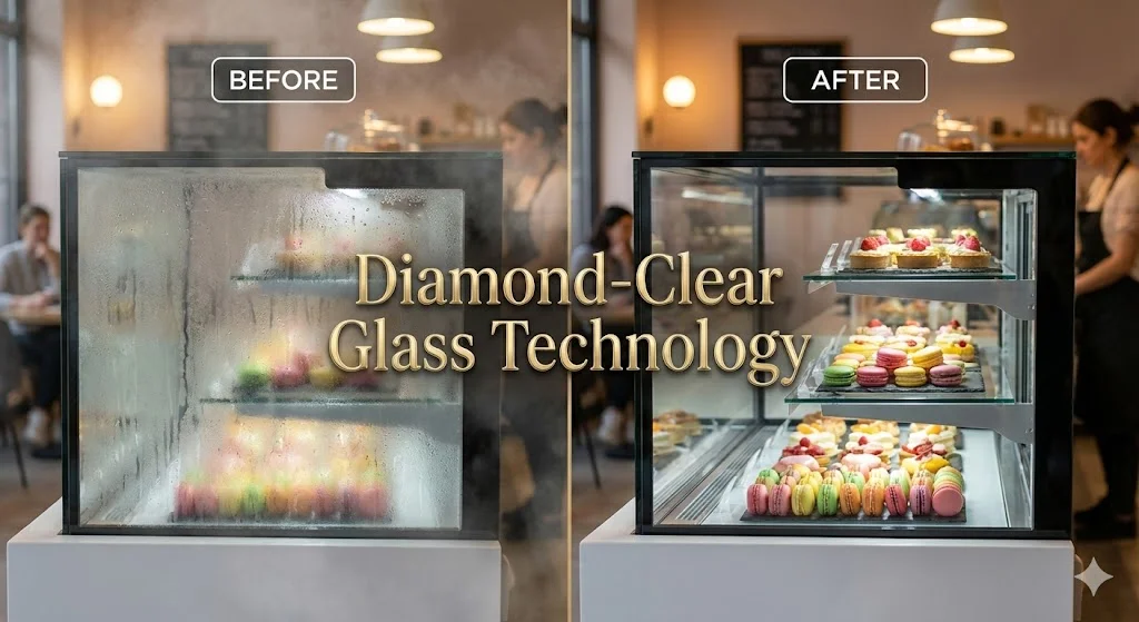 일반 쇼케이스와 결로 방지 기술이 적용된 프리미엄 유리의 투명도 비교.