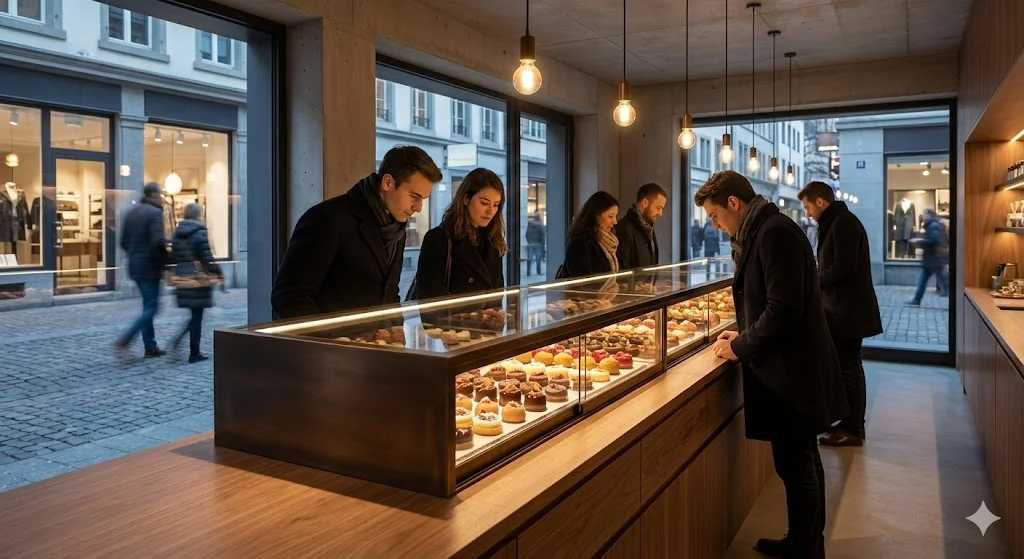 매장 인테리어와 완벽하게 조화를 이루는 프리미엄 디저트진열대 설치 전경.