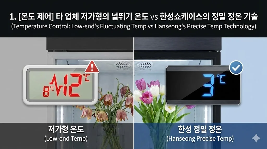 저가형 꽃집냉장고의 불안정한 온도 변화와 한성쇼케이스의 정밀한 정온 유지 기술을 비교한 인포그래픽