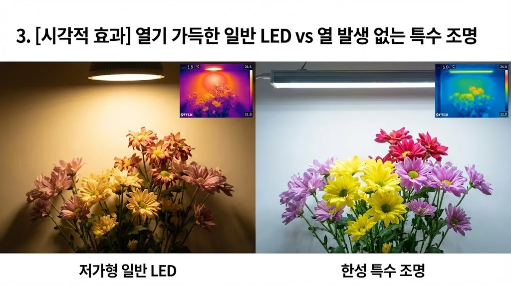 꽃에 열 손상을 주는 저가형 일반 LED와 열 발생 없이 꽃을 돋보이게 하는 한성 특수 조명의 비교 이미지