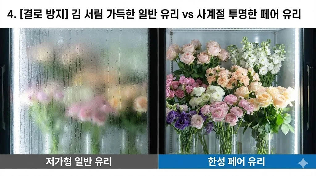 결로 현상으로 뿌옇게 변한 저가형 일반 유리와 사계절 내내 투명함을 유지하는 한성 페어 유리의 비교 이미지