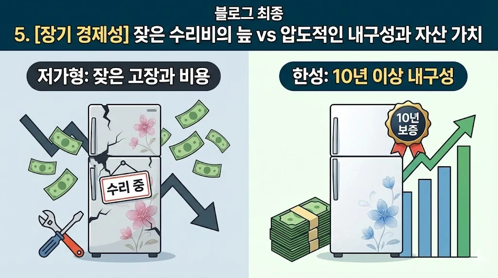 잦은 고장과 수리비로 경제적 손실을 보는 저가형 냉장고와 10년 이상 안정적인 수익을 보장하는 한성쇼케이스의 경제성 비교 이미지