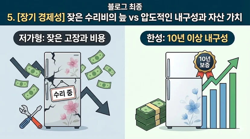 잦은 고장과 수리비로 경제적 손실을 보는 저가형 냉장고와 10년 이상 안정적인 수익을 보장하는 한성쇼케이스의 경제성 비교 이미지