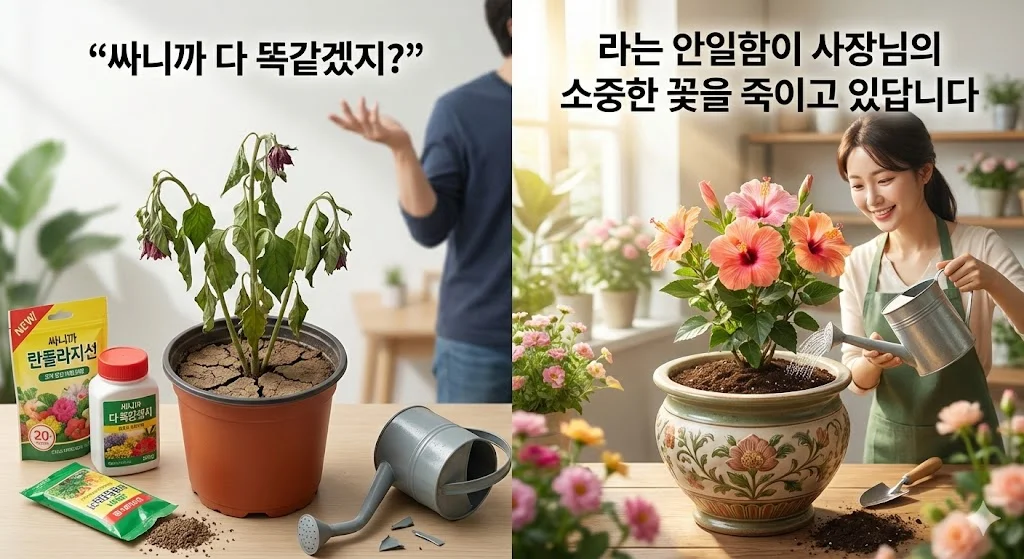 저가형 제품 사용으로 시든 꽃과 한성쇼케이스의 전문적인 관리로 활짝 핀 꽃을 대조하여 품질과 환경의 중요성을 보여주는 이미지