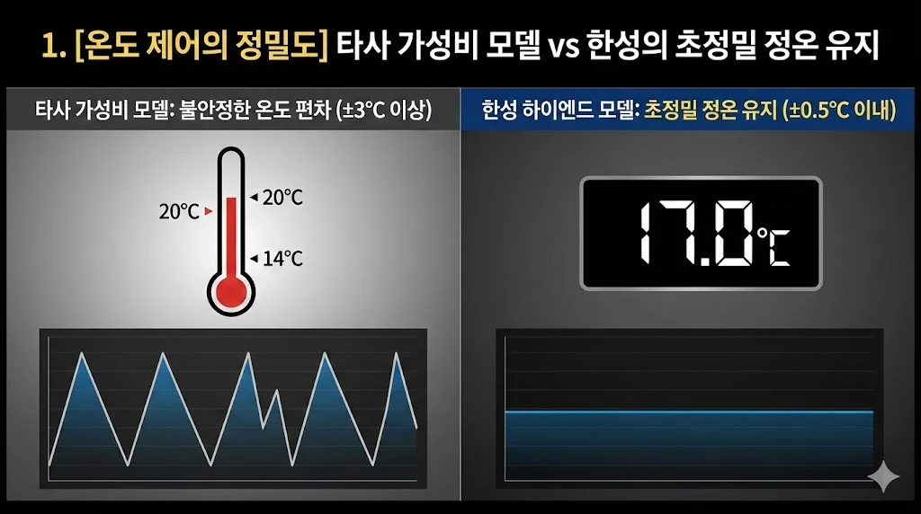 초콜릿냉장고 타사 중저가 가성비 모델의 불안정한 온도 편차와 한성 하이엔드 제품의 초정밀 정온 유지 능력을 비교한 전문 인포그래픽