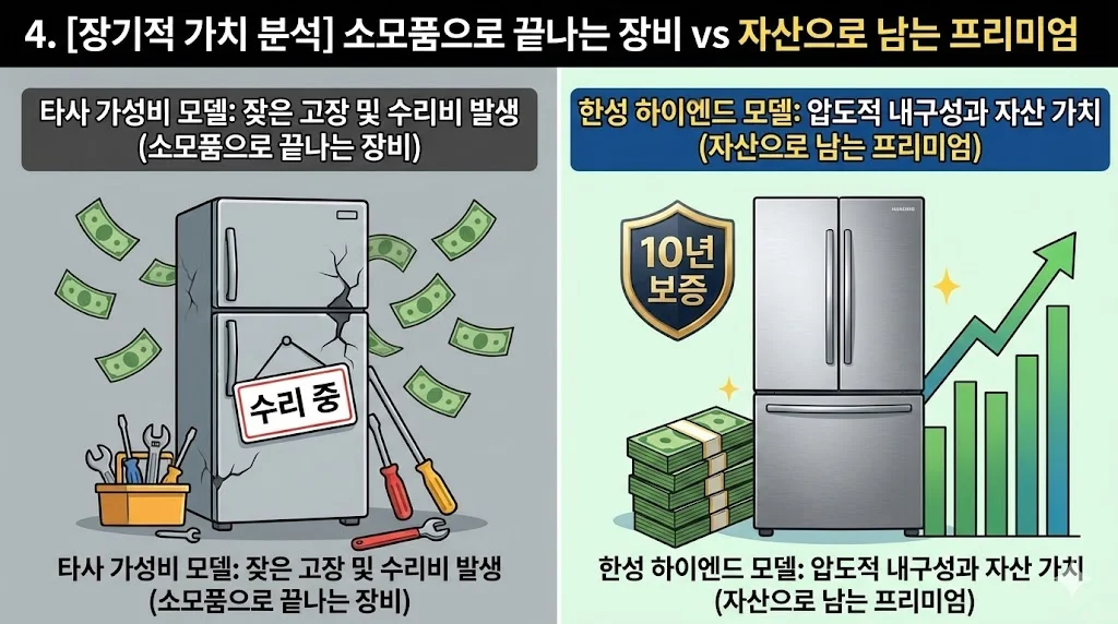 잦은 냉장고수리 비용이 발생하는 타사 중저가 업소용냉장고와 압도적인 내구성으로 자산 가치를 높이는 한성 하이엔드 모델 비교