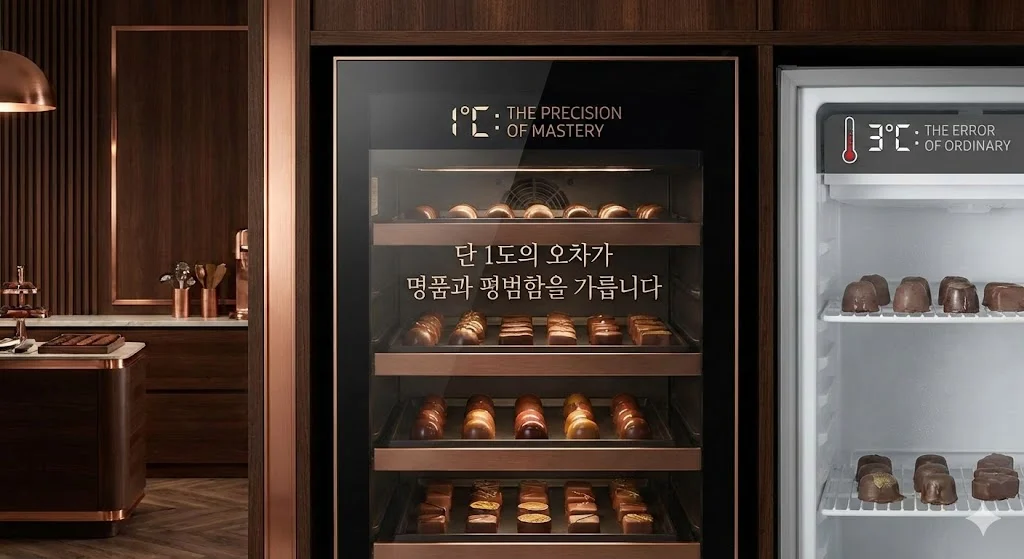 1℃의 오차도 허용하지 않는 프리미엄 초콜릿 냉장고와 일반 냉장고의 초콜릿 보관 상태를 비교하는 이미지