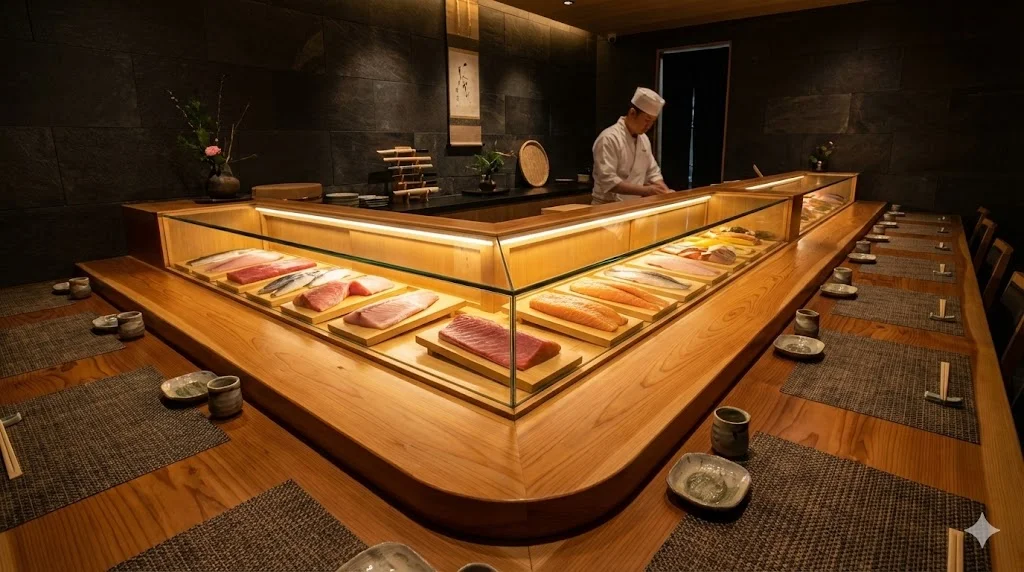 프리미엄 LED가 적용된 맞춤형 스시쇼케이스 설치 전경.