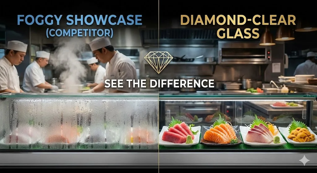 일반 제품과 결로 방지 기술이 적용된 프리미엄 유리의 비교.