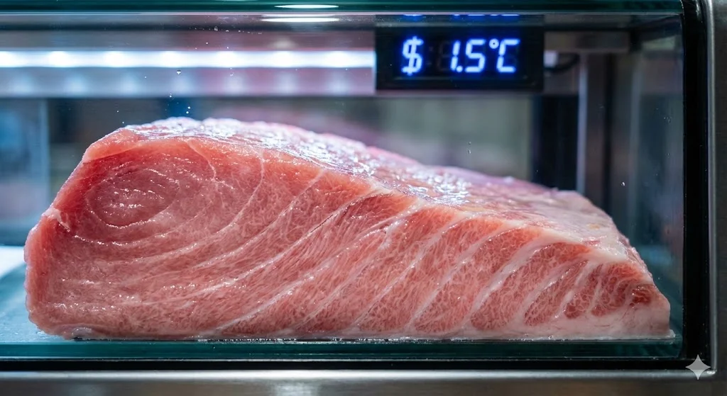 정온 기술로 신선도가 완벽하게 유지된 고급 스시 식재료 상세 사진.