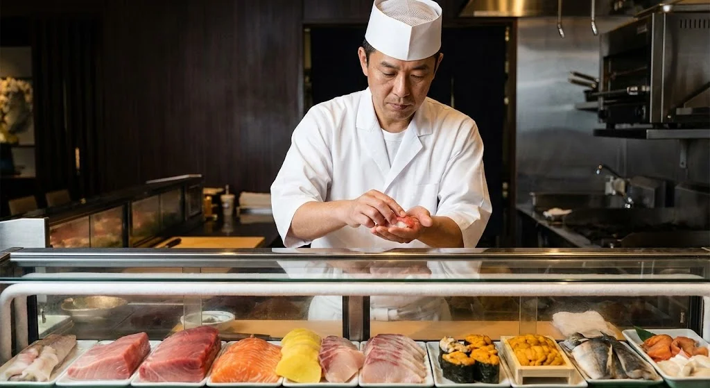 전문가가 추천하는 프리미엄 상업용 스시 쇼케이스와 셰프.