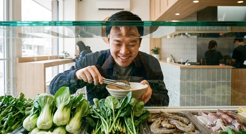 마라탕 재료 바의 아주 깨끗한 유리 진열대를 통해 재료를 바라보며 미소 짓는 손님의 클로즈업 사진입니다.