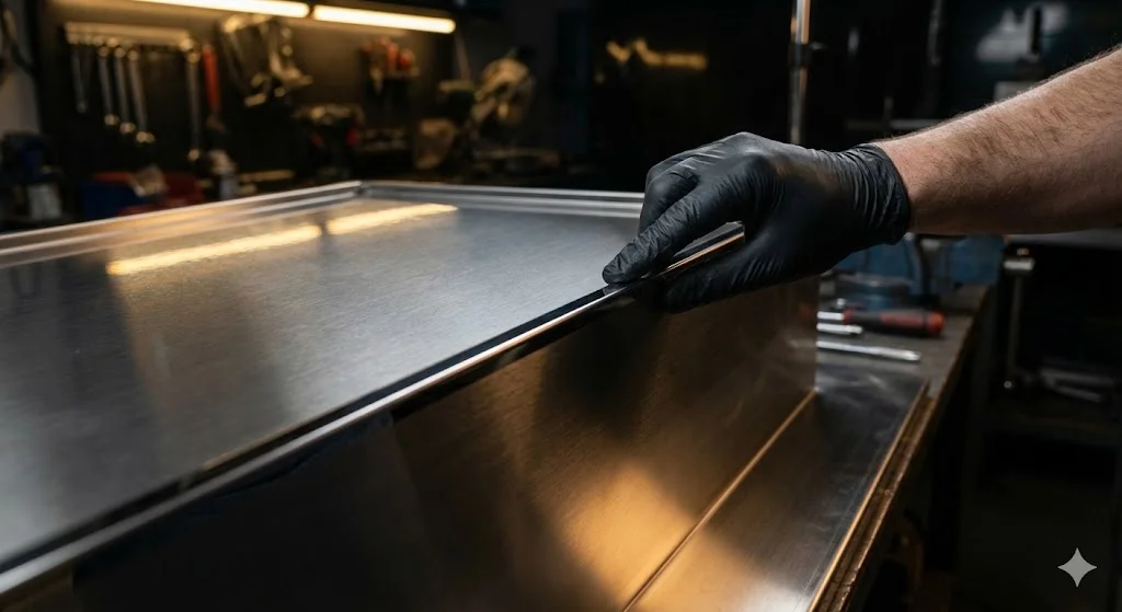 정밀하게 마감된 스테인리스 쇼케이스의 모서리와 검수하는 모습.