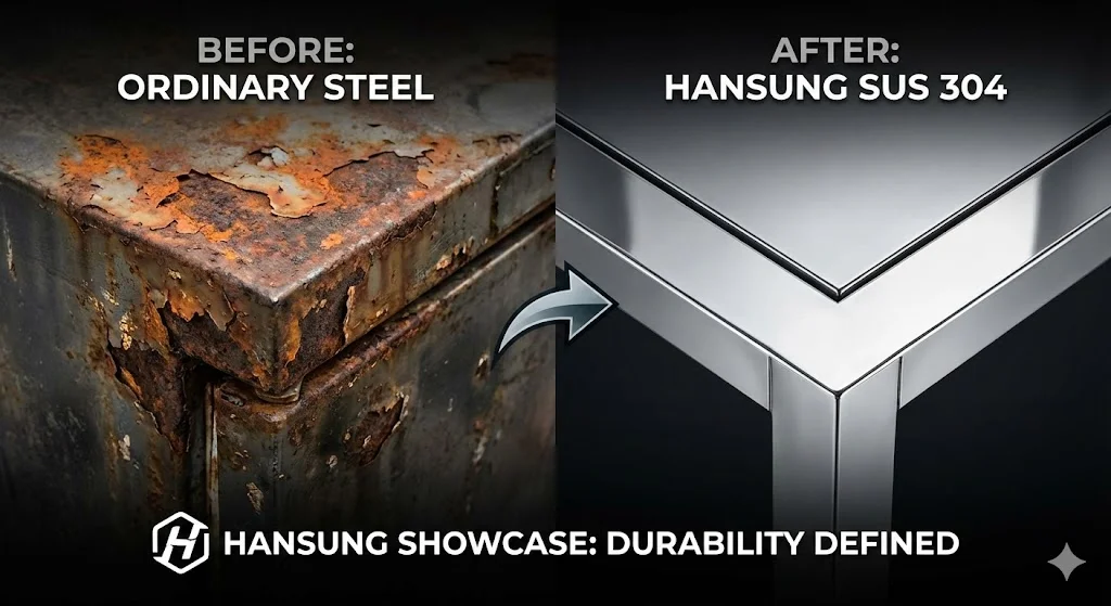 일반 철판의 부식된 모습과 SUS 304 소재의 깨끗한 모습 비교 이미지.