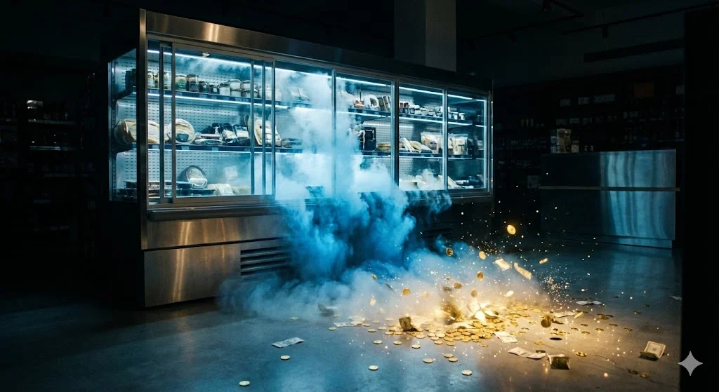 에너지 효율이 낮은 장비에서 돈이 새어 나가는 모습을 직관적으로 보여줍니다.