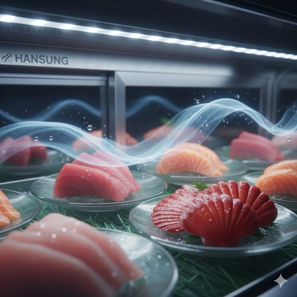 한성 로고가 선명한 쇼케이스 내부의 연어와 참치 위로 부드러운 푸른색 기류(Micro-Airflow)가 흐르는 기술 시각화 이미지.