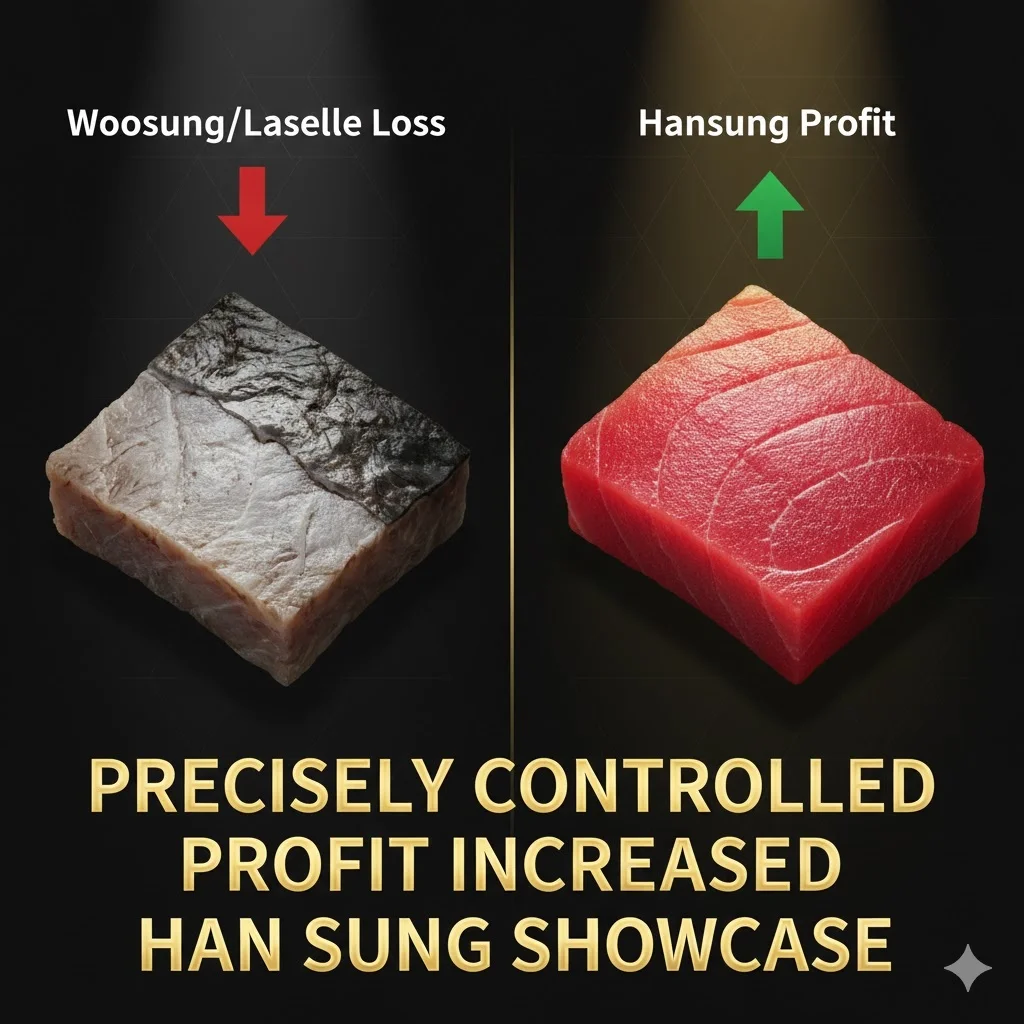 보급형 브랜드(우성/라셀르)의 변색된 생선과 한성쇼케이스의 선명한 붉은 생선 비교. 상단에 손실(Loss)과 이익(Profit) 화살표 표시.