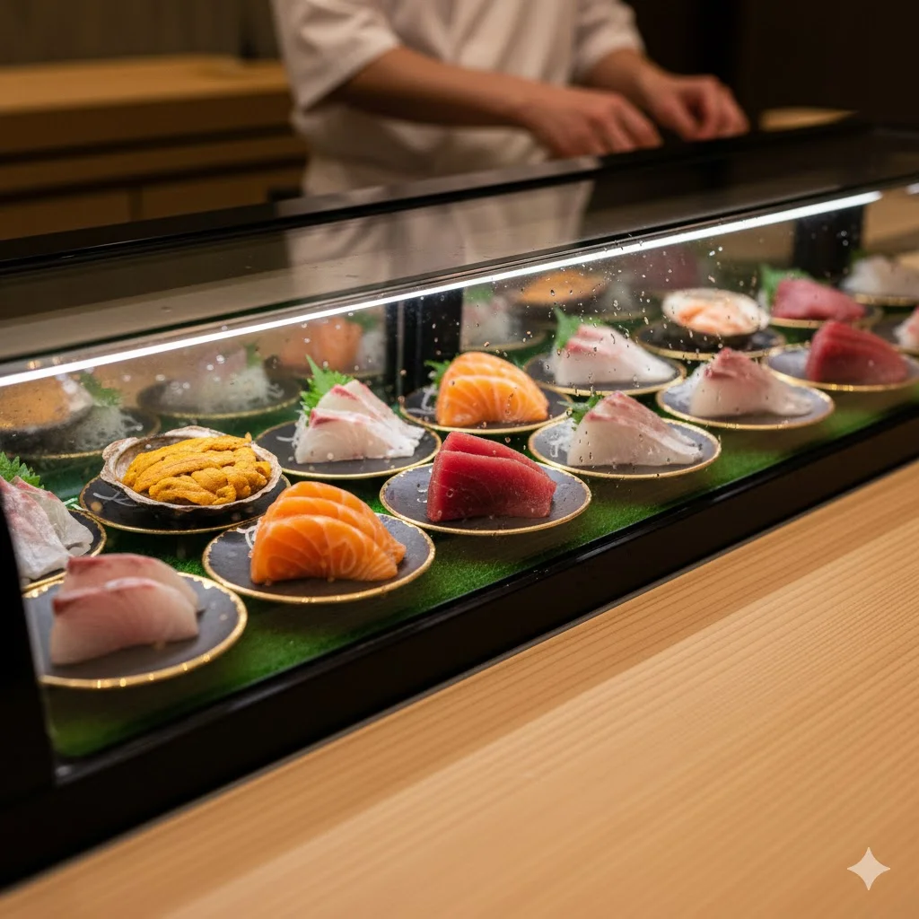 고급 일식 오마카세 카운터에 매립된 슬림한 한성 생선 쇼케이스와 정갈하게 진열된 우니, 연어, 참치 네타.