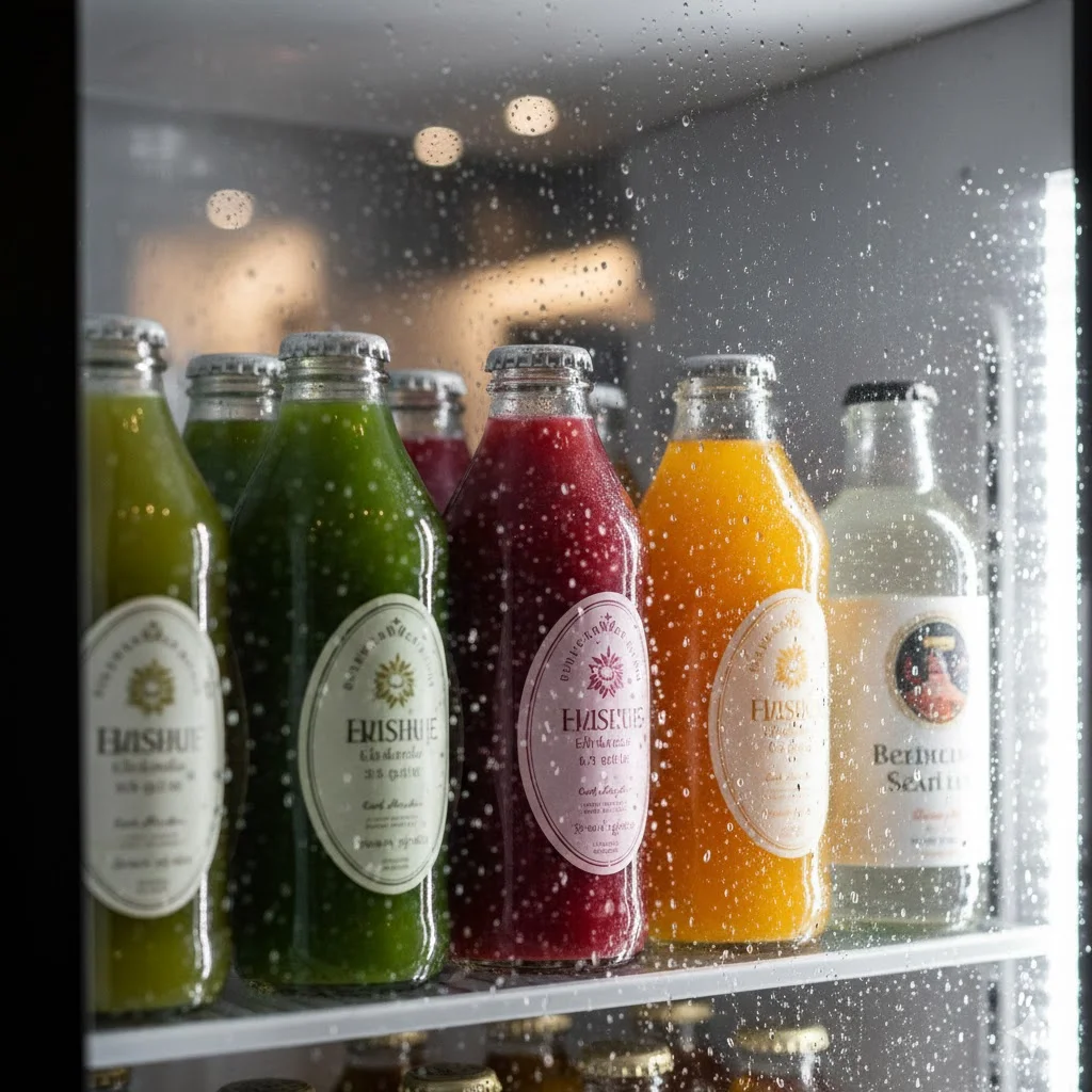 결로 없이 깨끗한 유리 도어 너머로 보이는 선명한 음료들.