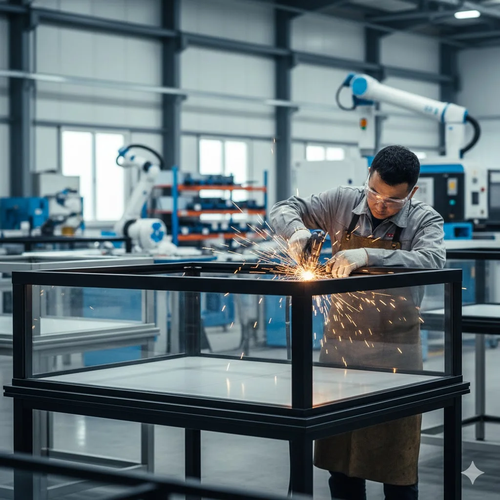 숙련된 기술자가 맞춤형 쇼케이스를 제작하는 제조 현장.