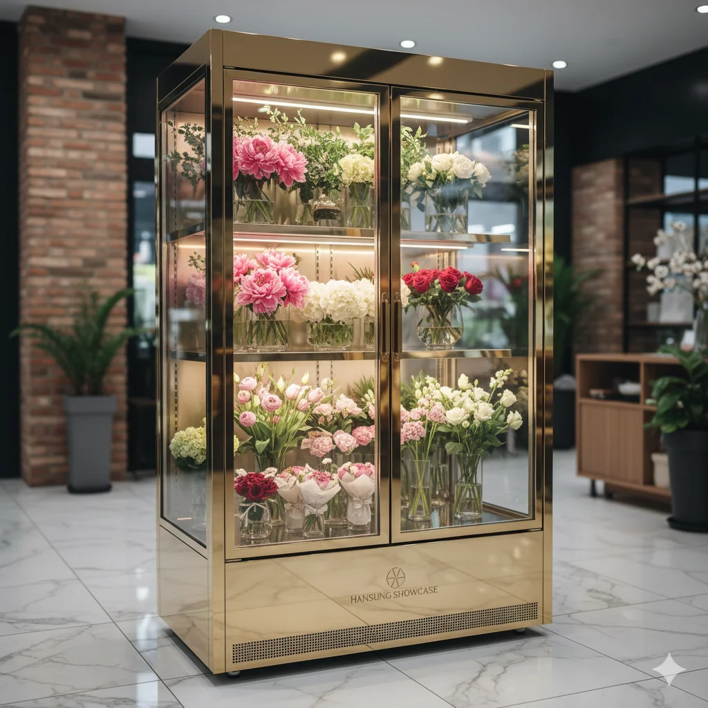 매장 인테리어에 맞춰 맞춤 제작된 한성쇼케이스 꽃냉장고와 다양한 꽃 진열 모습
