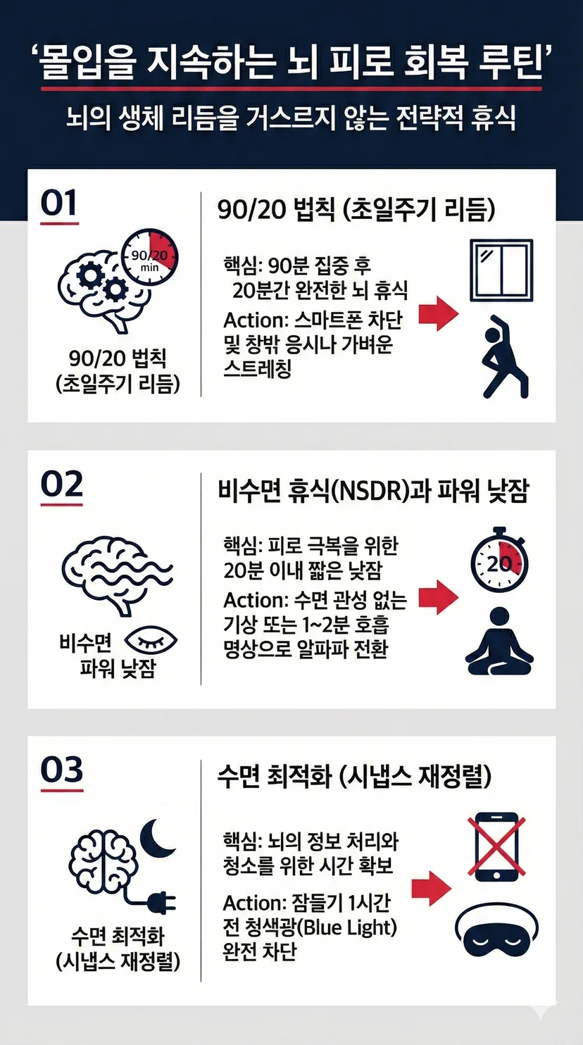 몰입을 지속하는 뇌 피로 회복 루틴 인포그래픽. 90/20 법칙(초일주기 리듬), 비수면 휴식(NSDR)과 파워 낮잠, 수면 최적화(시냅스 재정렬)를 포함한 3단계 전략적 휴식 가이드