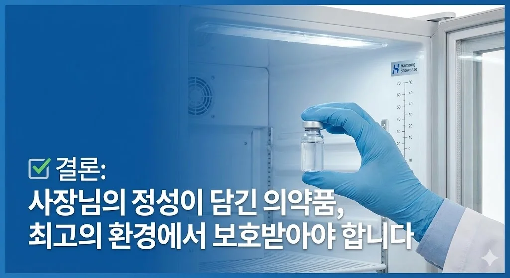 전문적인 의약품 냉장고 내부에서 파란색 장갑을 낀 손이 약품병을 들고 있는 모습