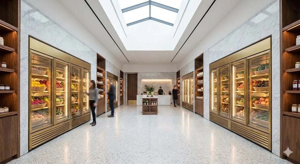 매장 인테리어와 일체화된 커스텀 진열 냉장고 전경.