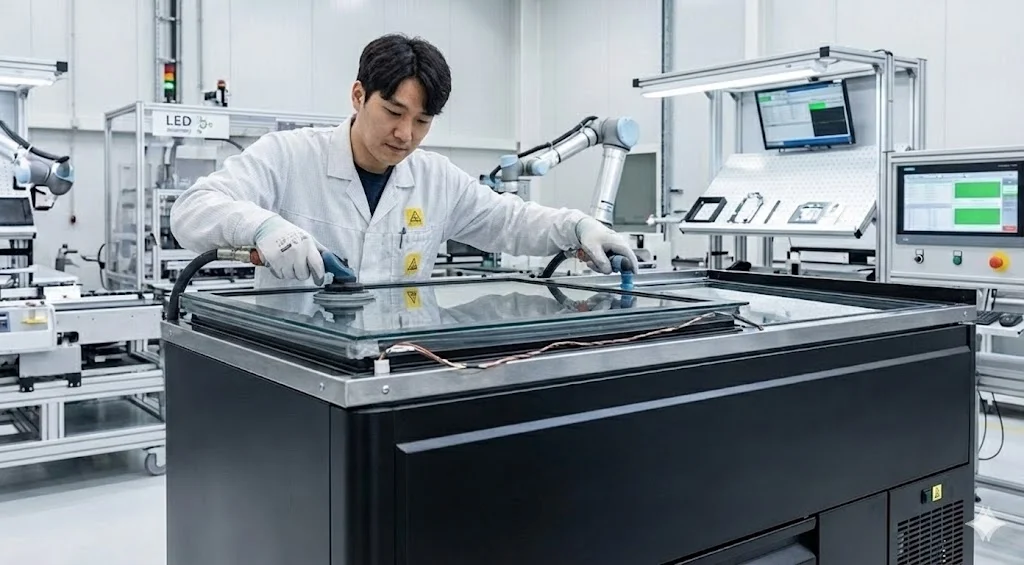 숙련된 전문가가 고성능 쇼케이스를 직접 조립하는 모습.