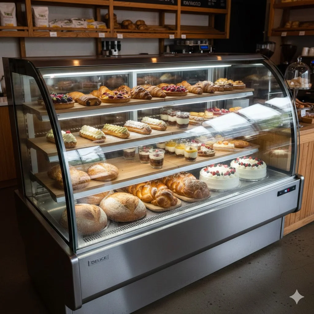 베이커리 매대 브랜드 비교용 냉장 쇼케이스 사진, 결로 방지 유리로 케이크·크림 디저트가 선명하게 보이는 진열