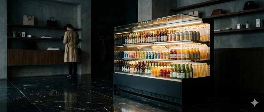 고급스러운 매장 내부에 설치된 테두리 없는 프리미엄 진열 냉장고 전경.