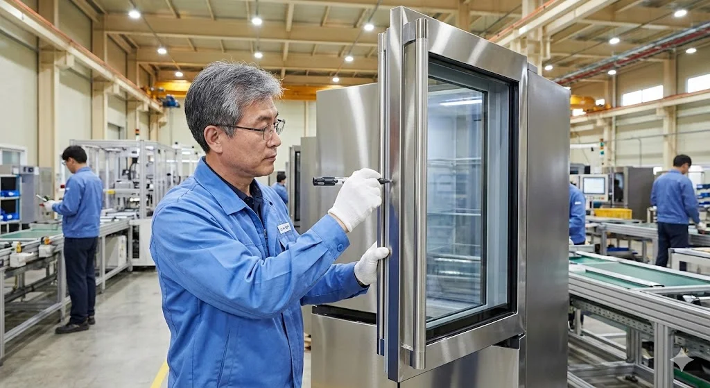 숙련된 한국 기술자가 프리미엄 쇼케이스를 정밀 조립하는 모습.