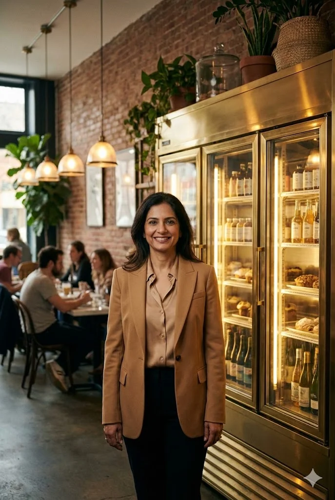 맞춤형 프리미엄 냉장고 앞에 서 있는 세련된 매장 대표의 이미지.