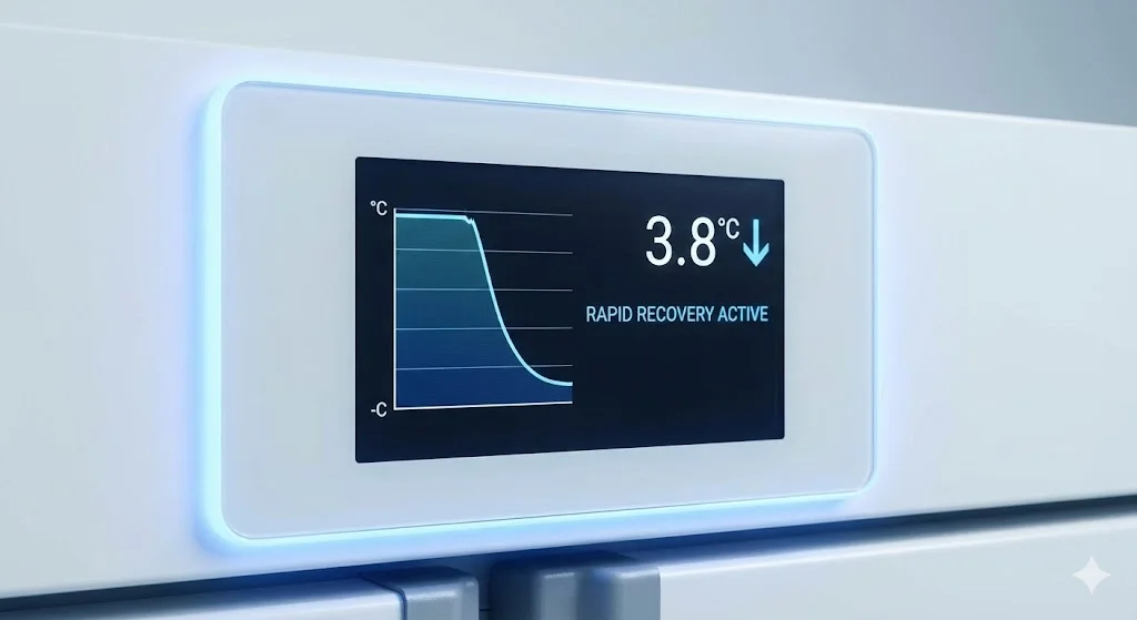 문 열림 후 빠르게 온도를 회복하는 약국냉장고 성능