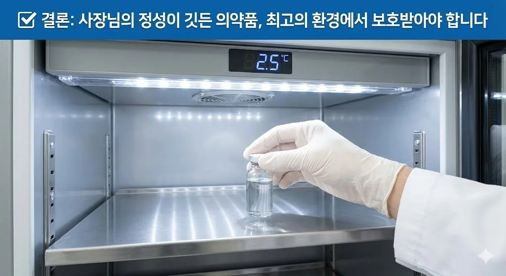 전문적인 환경에서 의약품을 다루는 모습을 통해 신뢰성을 강조하고, 정밀한 온도 유지가 가능한 고품질 의약품냉장고의 이미지를 보여줍니다