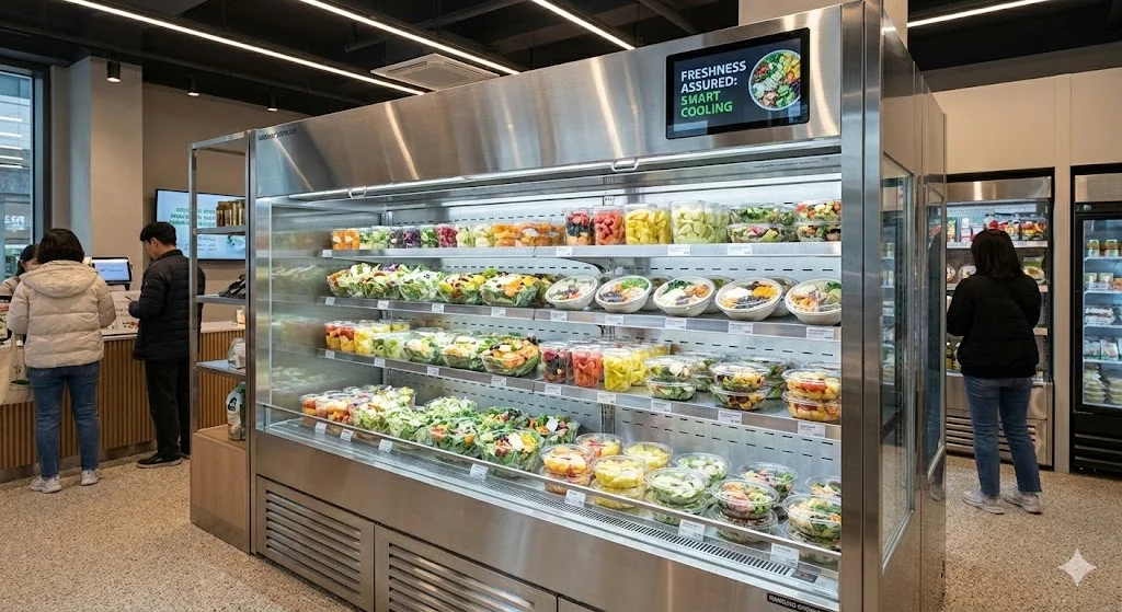 무인 매장에 설치된 신선한 채소가 가득한 고성능 샐러드바냉장고 한성쇼케이스 실물
