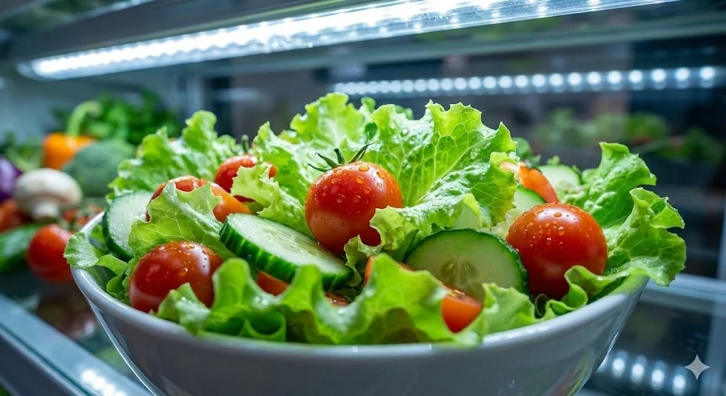 수분을 머금어 아삭함을 유지하는 샐러드바냉장고 내부 샐러드 확대 사진