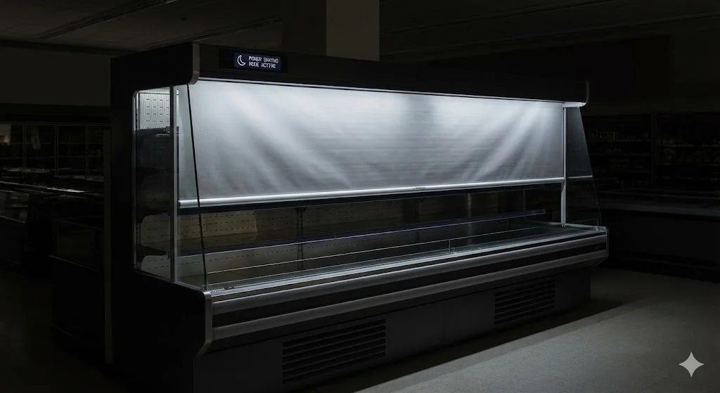 전기료 절감을 위해 야간에 사용하는 샐러드바냉장고 나이트 커튼 모습