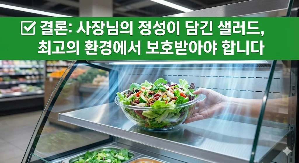 신선한 샐러드를 보호하는 강력한 냉기 에어커튼을 시각적으로 표현하여, 최고의 신선도를 유지하는 샐러드바 냉장고의 성능을 강조합니다.