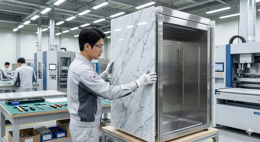 숙련된 기술자가 맞춤형 대리석 마감을 냉장고에 입히는 수제작 현장.