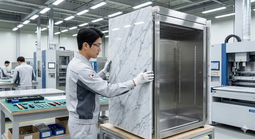 숙련된 기술자가 맞춤형 대리석 마감을 냉장고에 입히는 수제작 현장.