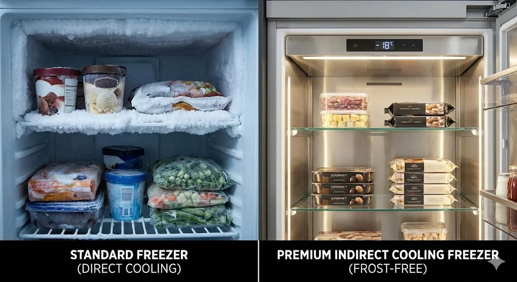 성에가 낀 일반 냉동고와 깨끗한 간냉식냉동고의 내부 비교
